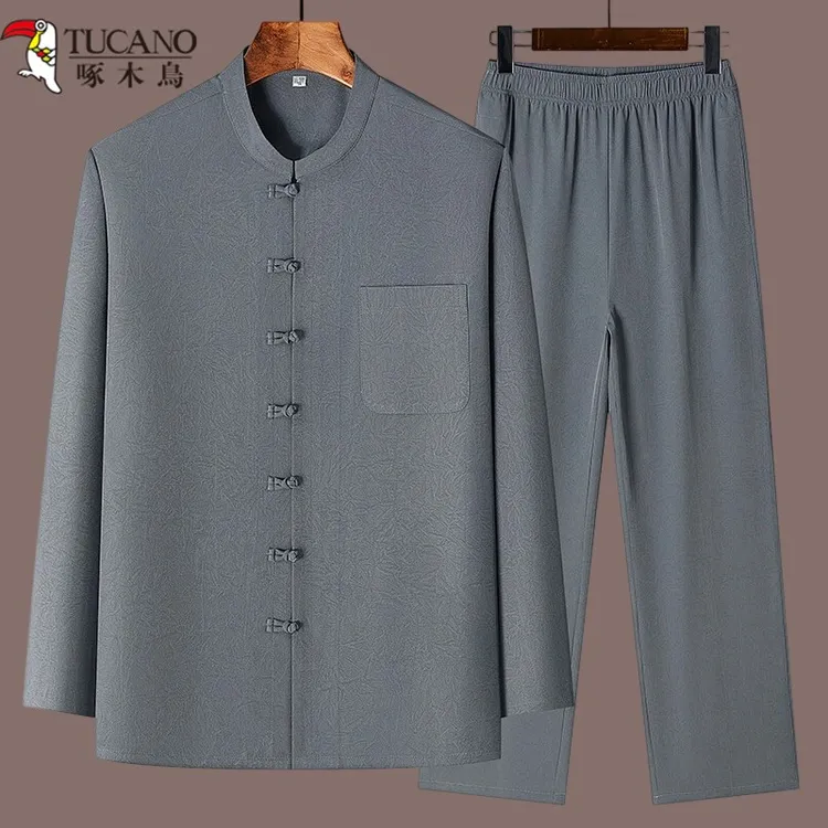 啄木鸟唐装男中老年人薄款爸爸装桑蚕丝夏季中山装爷爷长袖套装