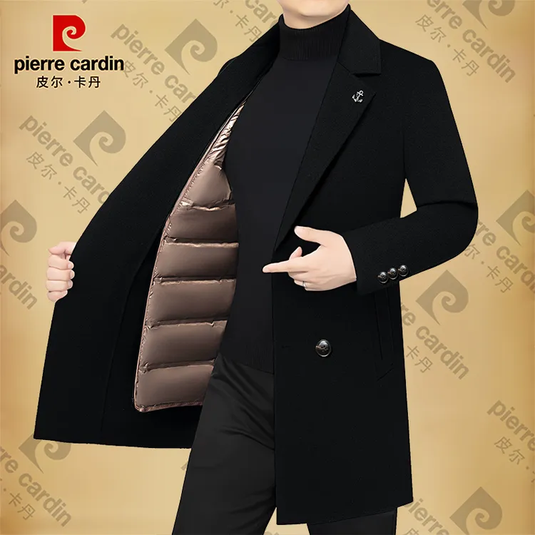 皮尔卡丹冬季男士新款高档西服中长款外套男装毛呢大衣西装领加绒