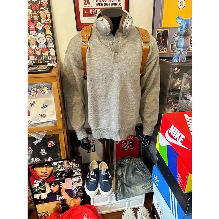 花灰色复古亨利领毛衣男冬季高级感美式慵懒风cleanfit内搭针织衫