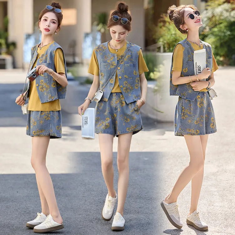 新中式复古印花牛仔马甲短裤套装夏季女装小个子洋气百搭时尚休闲