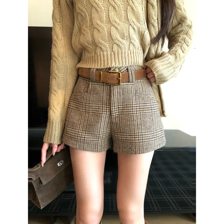 【禾呈】秋冬高腰千鸟格呢子短裤休闲显瘦时尚短裤A字短裤女10904