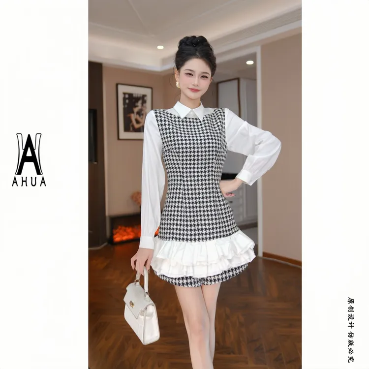 【花花原创】秋季新款修身显瘦小香风拼接假两件学院风连衣裙65516