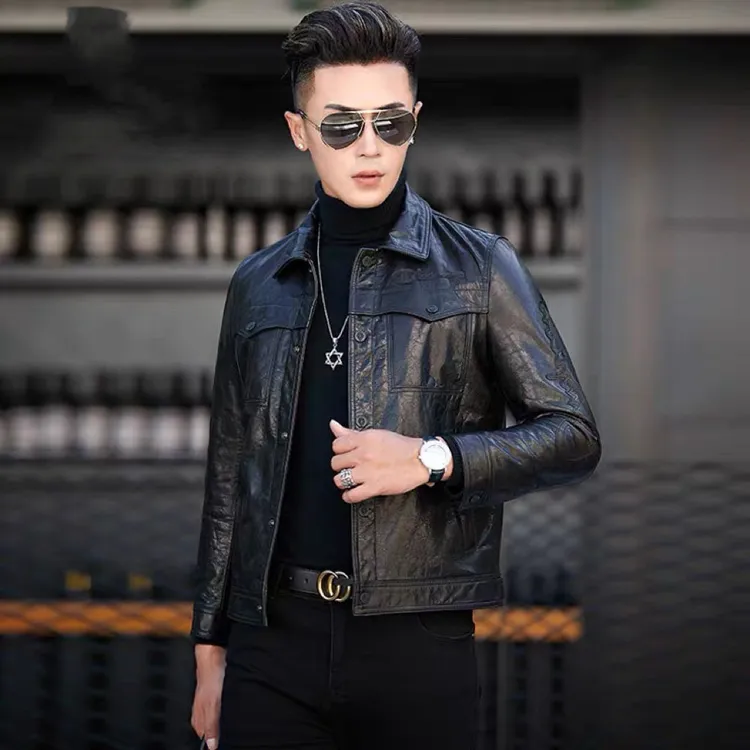 海宁刺绣修身真皮皮衣男2025新款秋季头层绵羊皮夹克机车痞帅外套