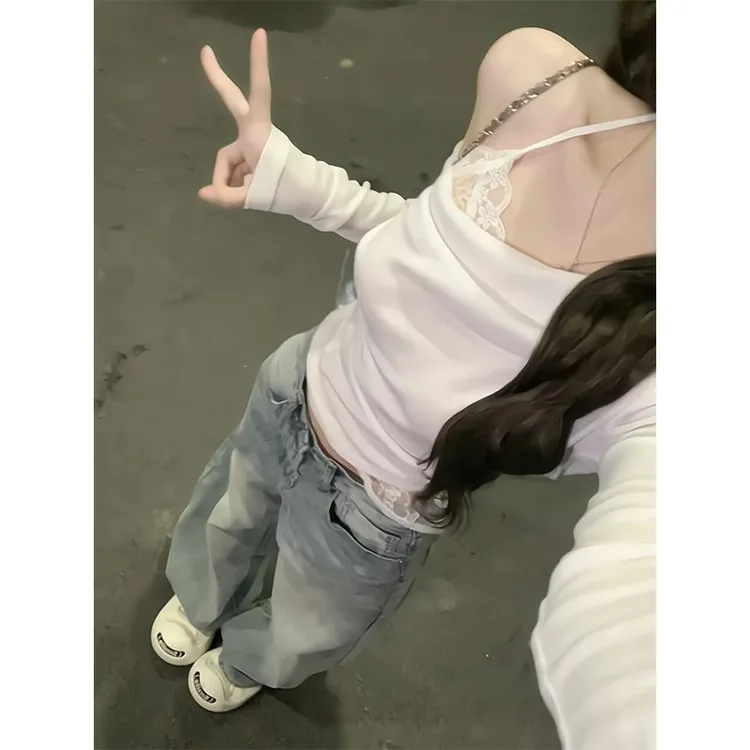 2025新款女士早秋季假两件荡领斜肩长袖蕾丝挂脖纯欲辣妹T恤上衣