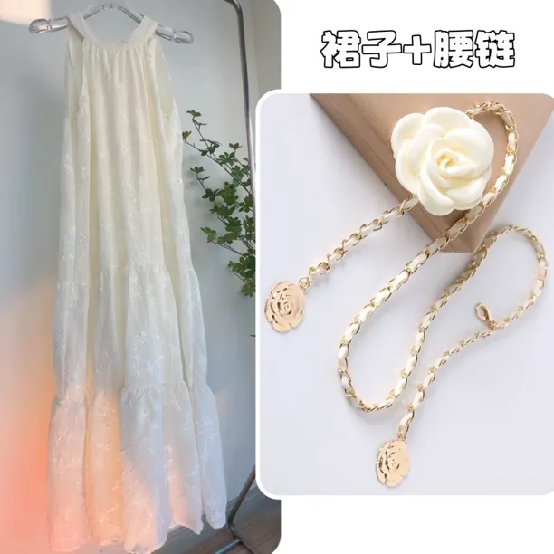 绝美挂脖法式露肩连衣裙+长裙女夏季2025新款气质温柔风长款裙子