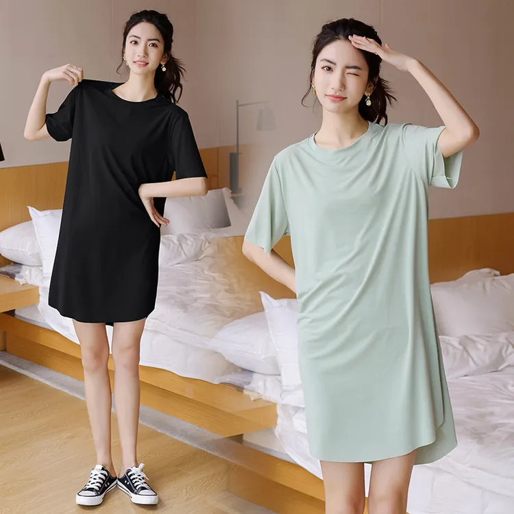冰丝裙子女夏新款圆领短袖大码连衣裙中长款宽松显瘦家居一步裙