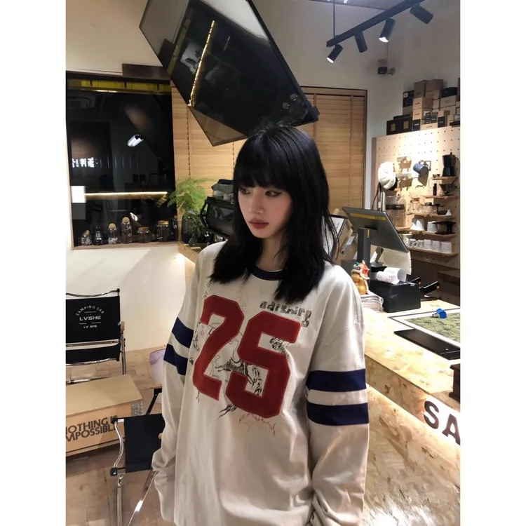 国潮牌美式复古涂鸦撞色长袖t恤女宽松设计感小众休闲百搭上衣服