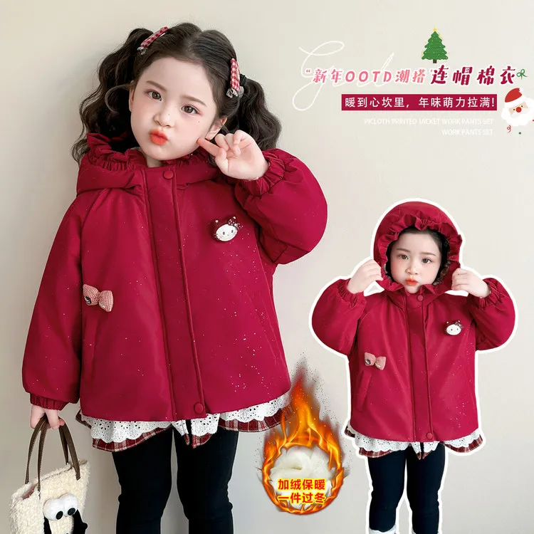 儿童棉服女童中小童洋气宝宝连帽加绒保暖过冬过年服新年公主