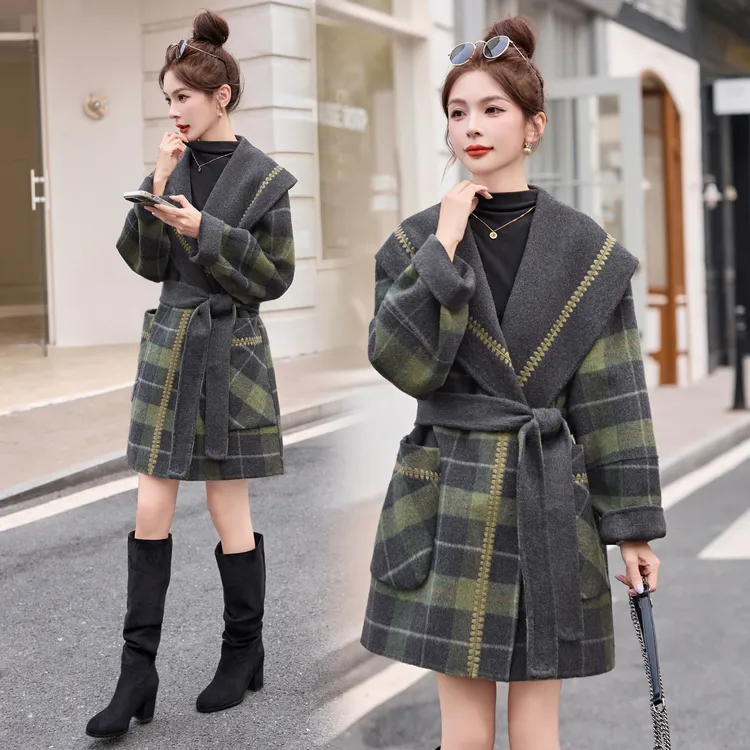 法式复古格子拼接双面羊毛大衣女冬2025秋冬新款韩版宽松毛呢外套