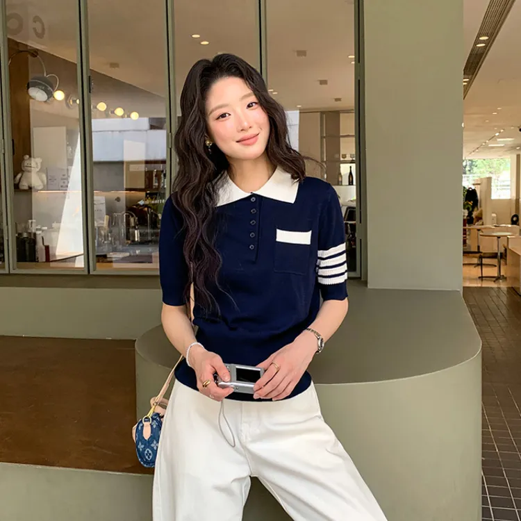 Hello韩系学院风翻领polo衫短袖针织衫2025夏新款上衣M1089