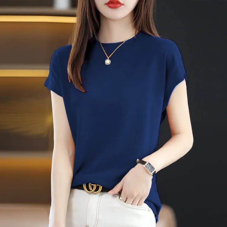 2025冰丝薄款宽松显瘦T恤针织短袖女半高领百搭圆领气质蓝色上衣