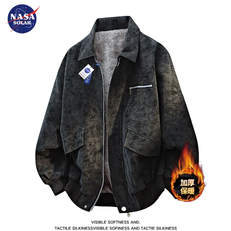 NASA SOLAR秋冬新款加绒大码皮衣男士复古百搭宽松保暖翻领外套潮
