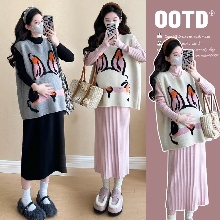 孕妇装秋冬2025新款韩版甜美时尚减龄宽松马甲搭配打底连衣裙套装