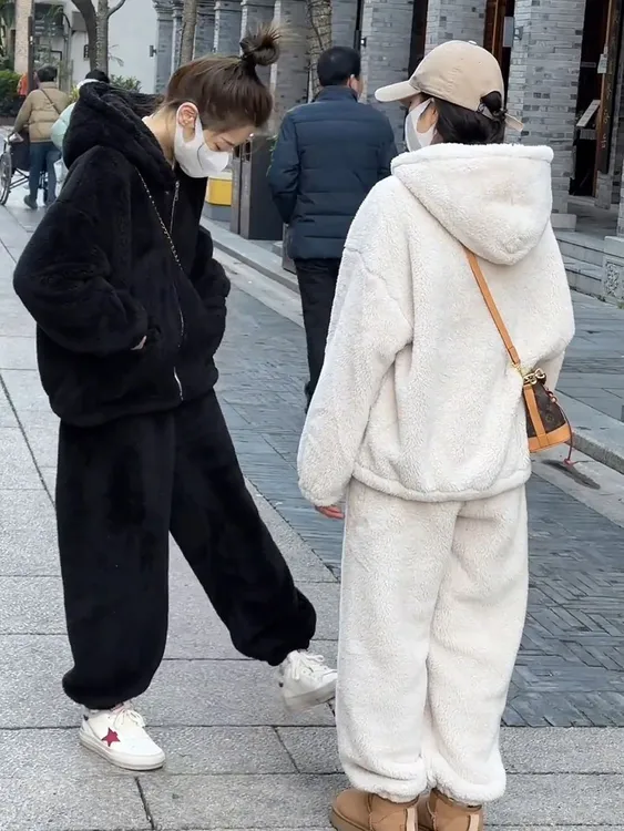 韩系毛绒绒家居服睡衣套装女冬季加厚长袖外套高腰阔腿长裤两件套