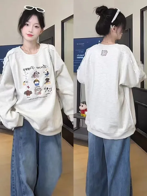 灰色小狗刺绣卫衣女2025新款秋季蕾丝拼接宽松慵懒风无帽圆领上衣