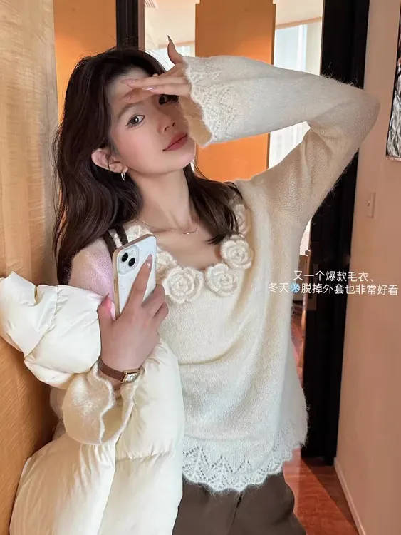 韩系纯欲风气质立体花朵毛衣女秋冬新款内搭外穿巨好看针织衫上衣