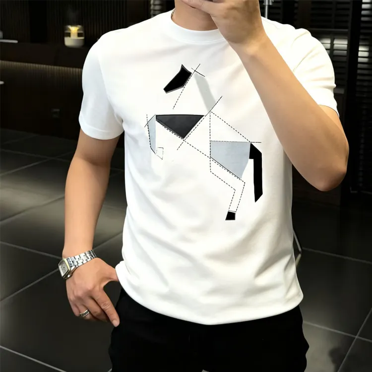 秋冬季新款加厚短袖重磅t恤高档男士t恤刺绣贴皮工艺T恤高品男装
