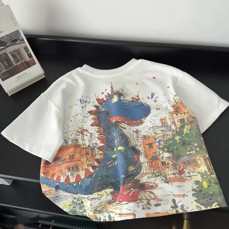新款儿童夏季休闲圆领数码印花恐龙短袖t恤男童时尚外穿棉质上衣