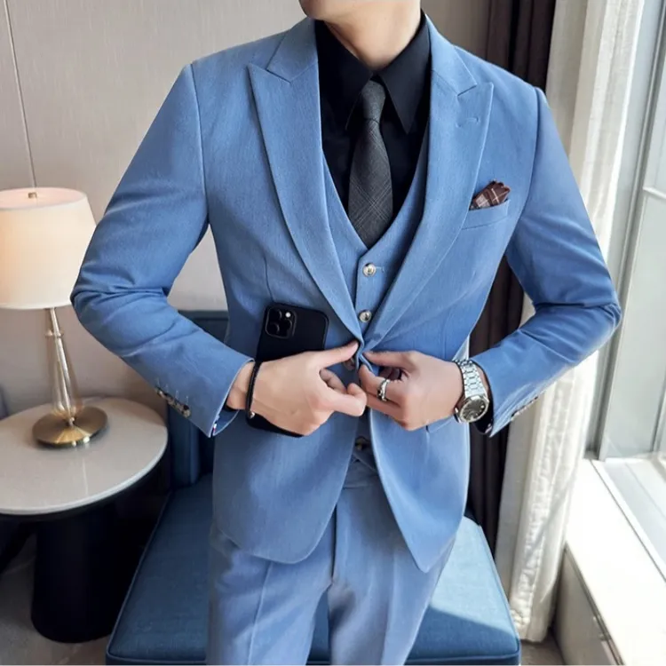CATIA SELI戗驳领一粒扣纯色西装三件套男士高端休闲商务西服正装