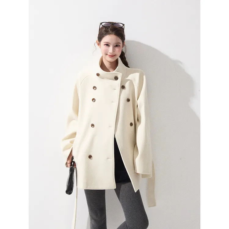 谢不肉 双排扣立领气质毛呢外套女秋冬季宽松显瘦中长款大衣50888