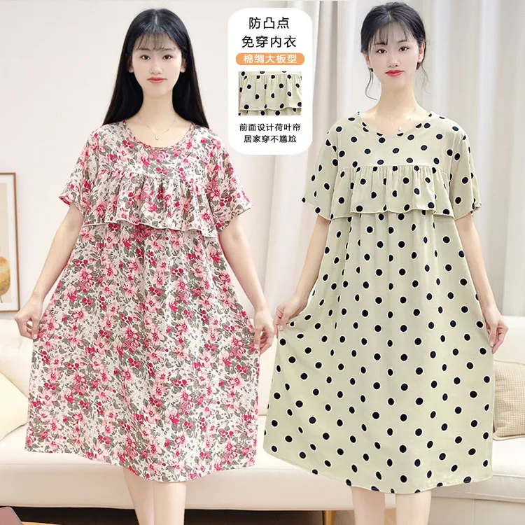 【短袖大版防凸点】棉绸睡裙女夏季薄款睡衣不带胸垫外穿家居服Y111商品图