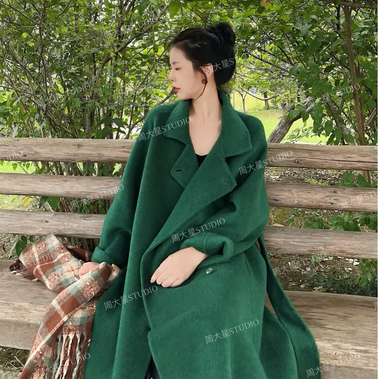 【周大星SP专属】秋季加绒加厚宽袖长款冬季紫色醋酸羊毛大衣F836