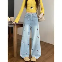 长2025秋季大码胖mm设计感小狗绣花牛仔阔腿裤高腰显瘦裤子66172