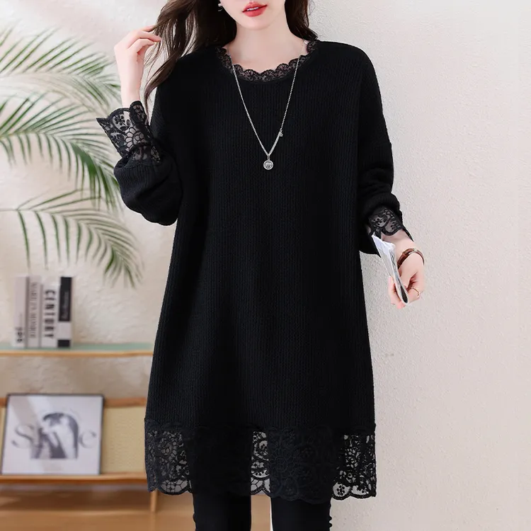 黑色圆领中长款针织衫女士秋冬新款拼接蕾丝钩花宽松显瘦洋气上衣