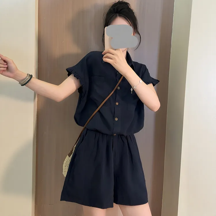 韩里韩气穿搭套装女夏季时尚减龄洋气翻领衬衫短裤休闲运动两件套