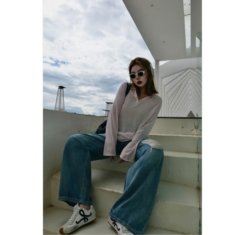 【瘦瘦】大码秋季翻领半门襟亚麻莱赛尔薄款百搭针织长袖上衣S01831