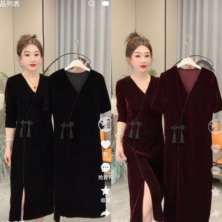 洋气气质款V领串珠流苏盘扣丝绒长裙888#