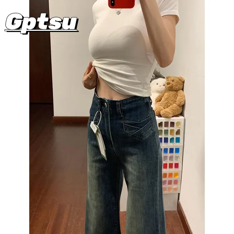 GPTSu美式复古蓝微喇牛仔裤女2025新款高腰阔腿宽松小个子不贴腿