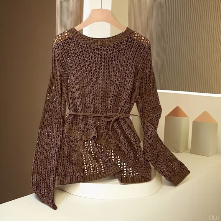 复古小众不规则慵懒风设计感针织女2025夏季系带收腰防晒罩衫上衣