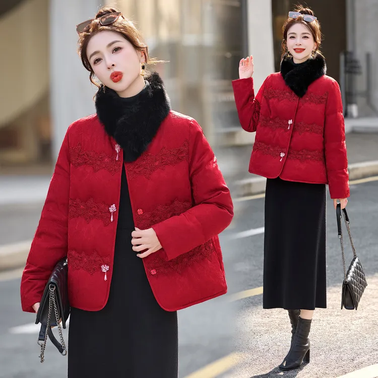 新中式国风狐狸毛提花羽绒服女2025冬季新款复古刺绣白鸭绒短外套
