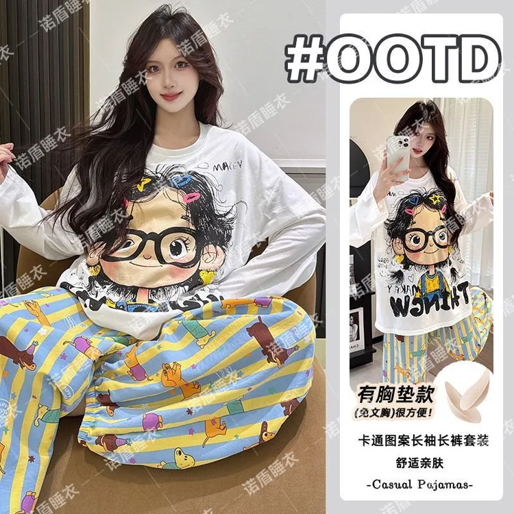 纯棉睡衣女100%全棉2025爆款新款秋季长袖长裤高档带胸垫家居服女