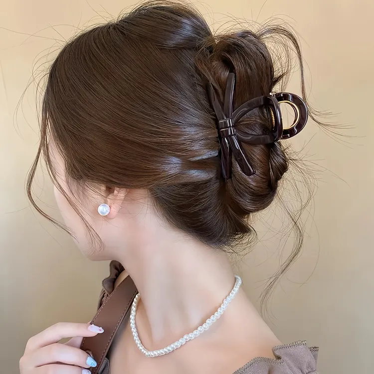 欧茉原创巧克力色蝴蝶结2025新款高级感鲨鱼夹子发夹A8059