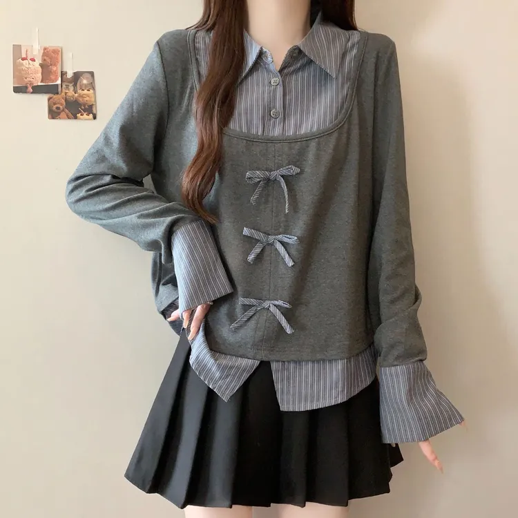 大码设计感假两件条纹长袖衬衫女春秋胖MM宽松显瘦洋气蝴蝶结上衣