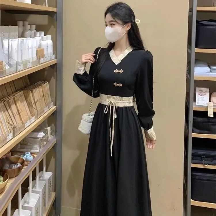 大码连衣裙女2024新中式秋冬胖mm复古国风裙子气质显瘦收腰打底裙