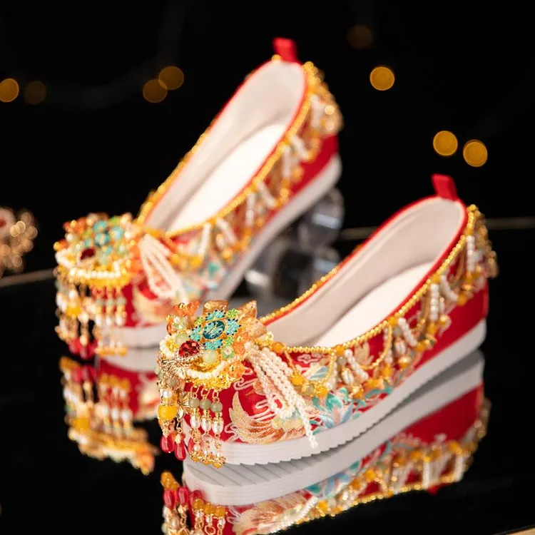 秀禾缘原创新娘秀禾婚鞋女内增高重工明制中式婚礼汉服婚鞋红色