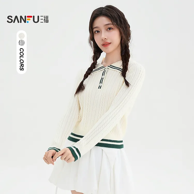 三福毛衣2025冬季撞色条纹纽扣翻领毛针织衫上衣女装510267