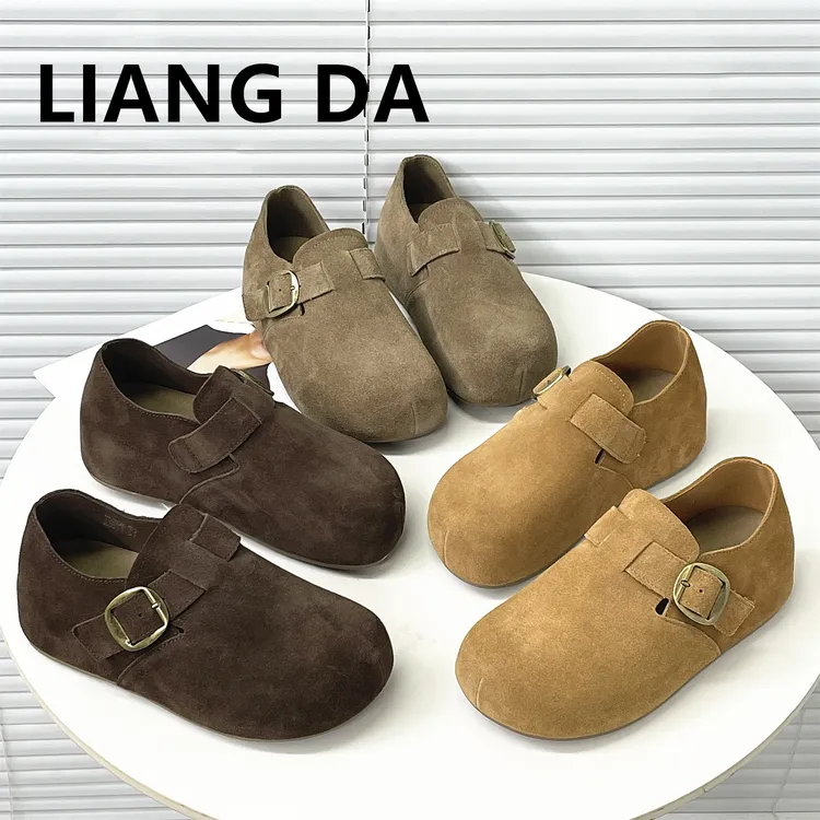 Liang Amanda/靓妲瘦版!真皮舒适平底勃肯鞋女韩版软底内增高单鞋