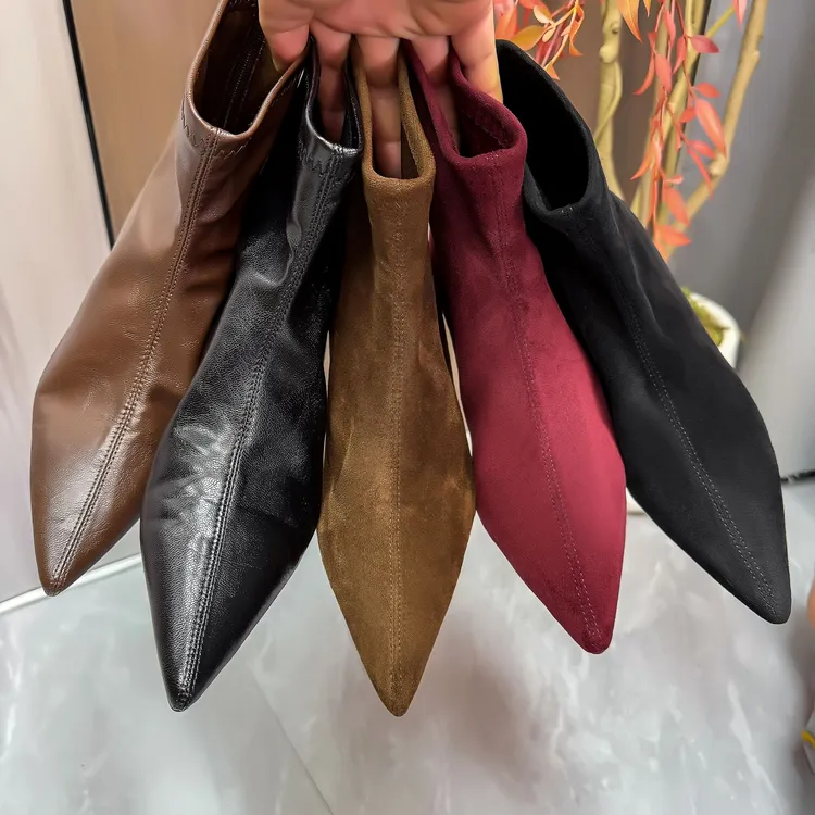 增高短靴四季时尚手抓纹尖头平底短靴英伦风百搭内增高靴子女