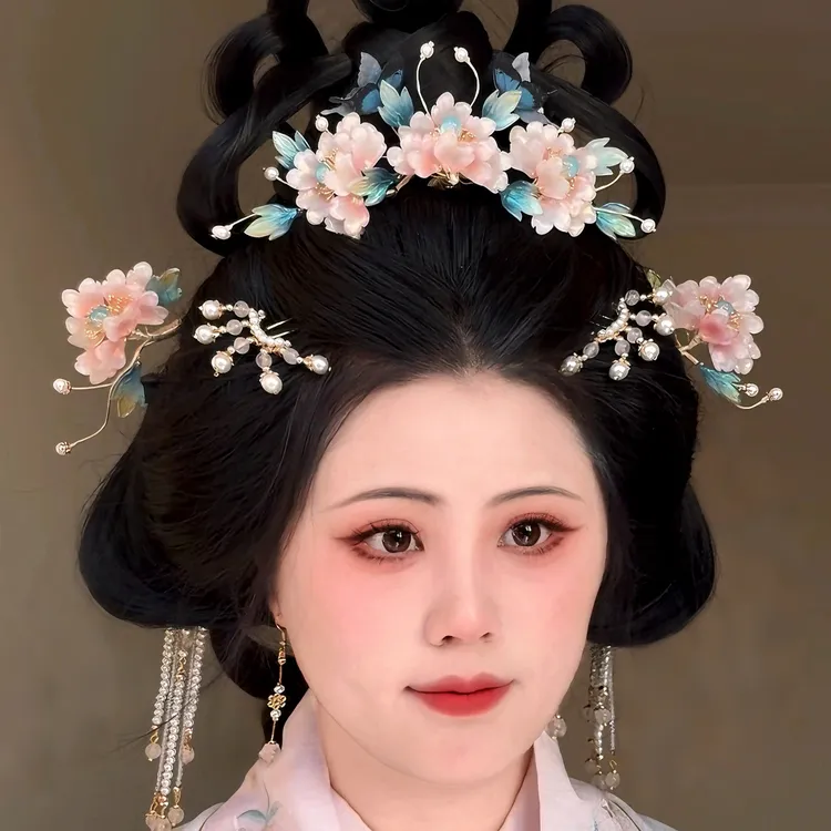 原创 折花 琉璃簪花发冠流苏发钗汉服配饰古风发饰套装