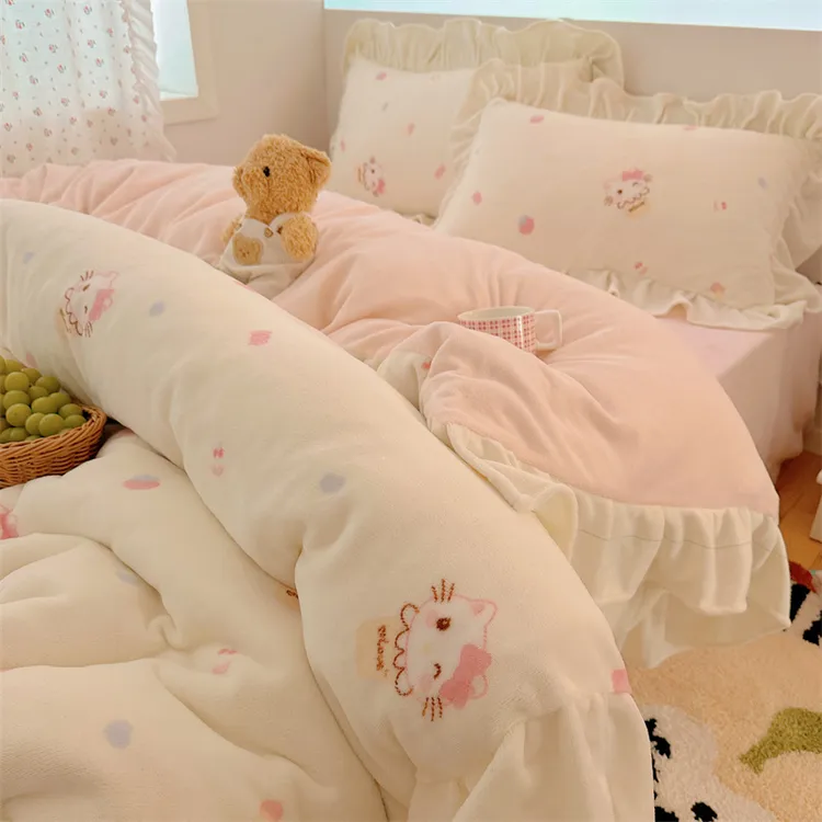 韩版奶油KT猫加厚牛奶绒床单四件套冬季双面法莱珊瑚绒被套三件套