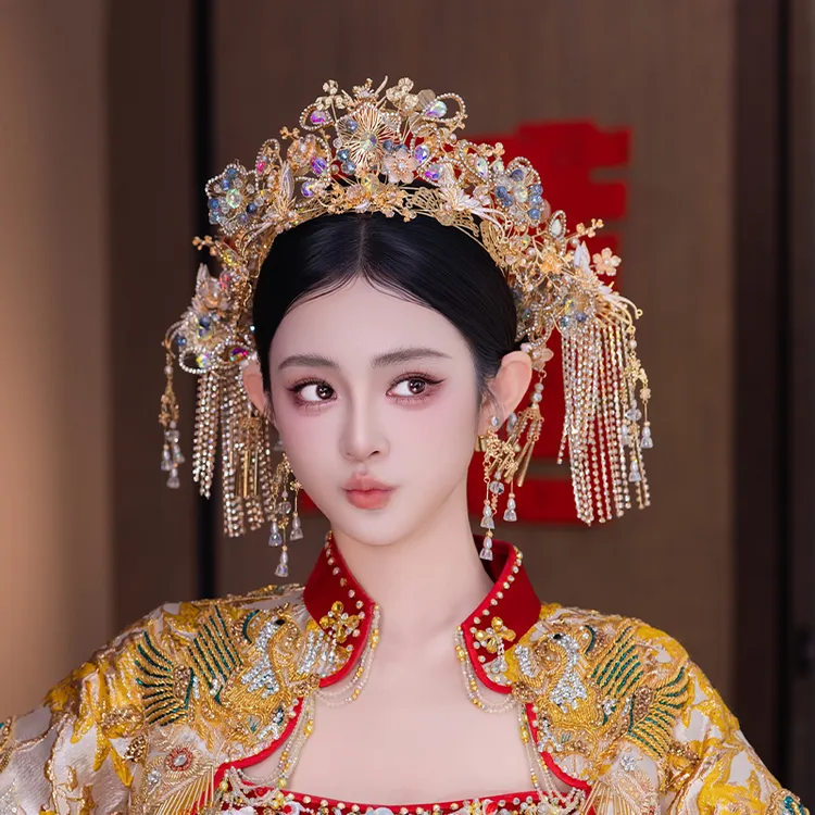 合金婚庆饰品 新娘中式超闪前后冠流苏古典秀禾龙凤褂发饰品E050