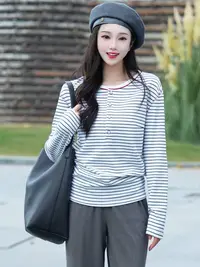 【商场同款】2025秋季新款经典条纹宽松圆领落肩长袖T恤女士130112