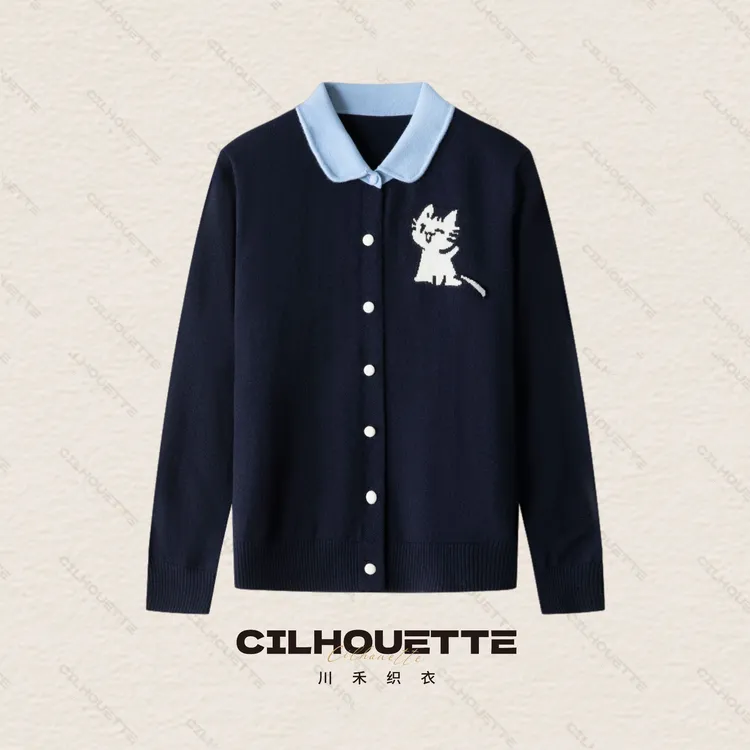 川禾织衣 秋冬可爱猫咪提花翻领羊毛开衫时尚洋气显瘦长袖针织衫