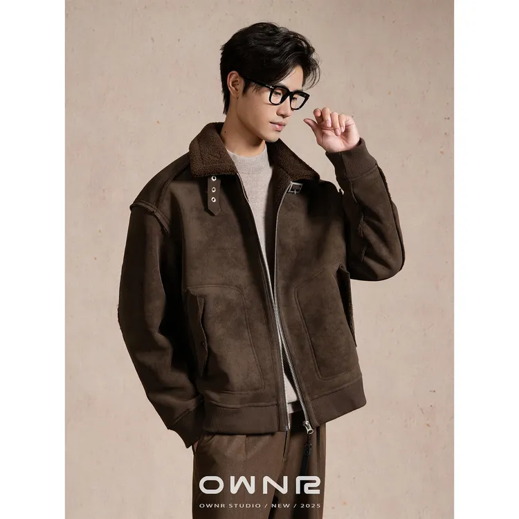 “皮毛一体”OWNR咖色立领羊羔绒外套男2025秋冬老钱麂皮绒夹克