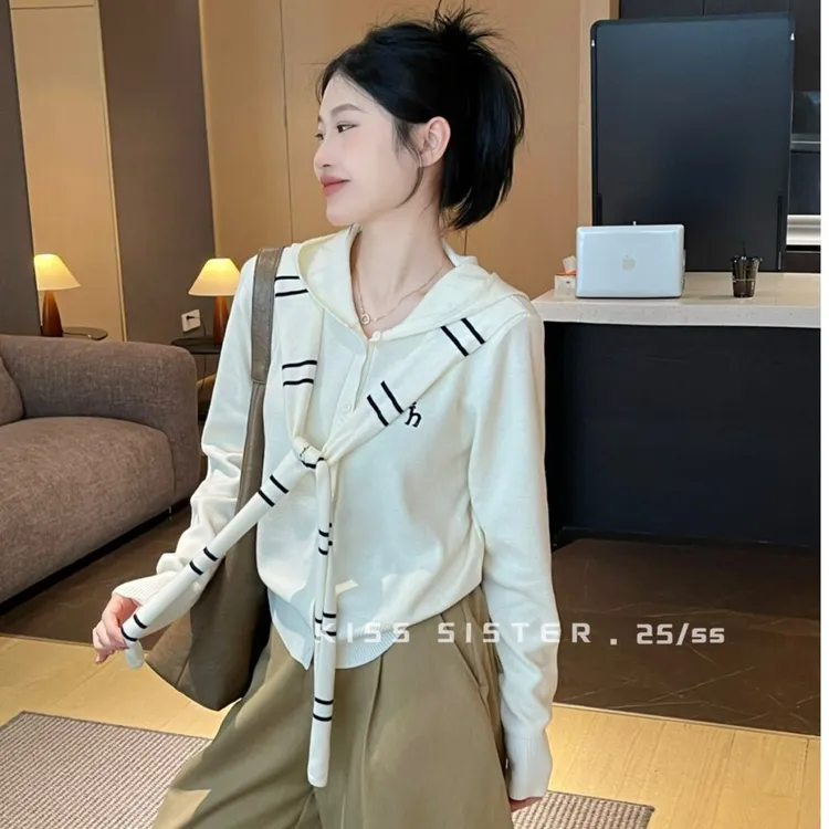 【带披肩~两件套】新款2025韩系连帽带披肩软糯长袖透气针织开衫