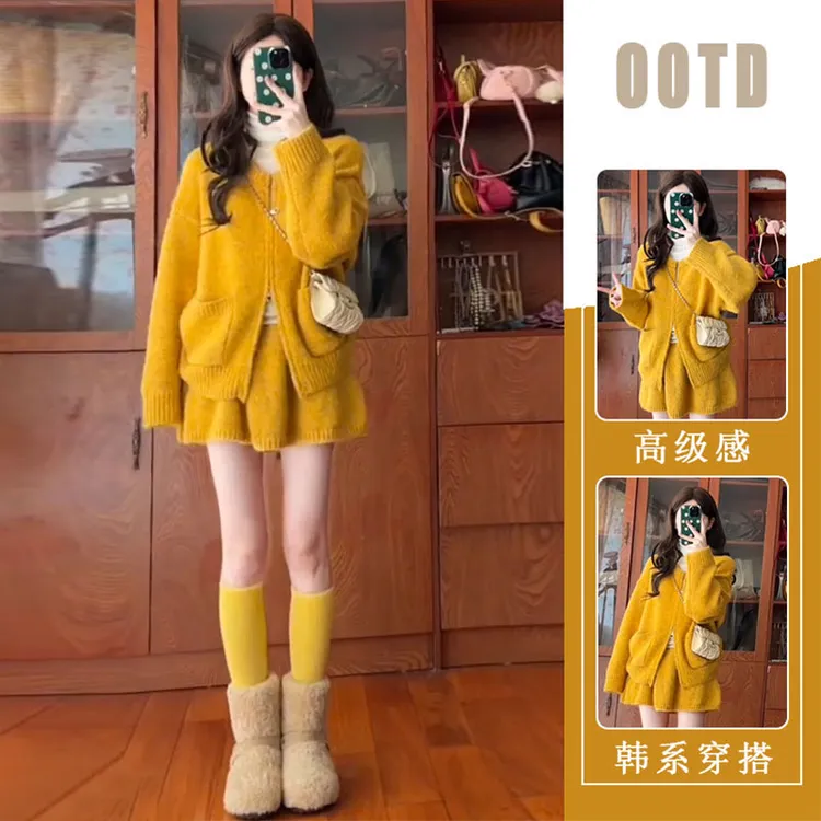 韩系秋冬减龄一整套女慵懒风洋气针织毛衣巨好看高腰短裙两件套装
